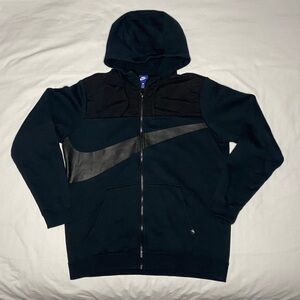 Nike Hoodie Mens L Black Big Swoosh Sportswear Fleece Full Zip Sweater